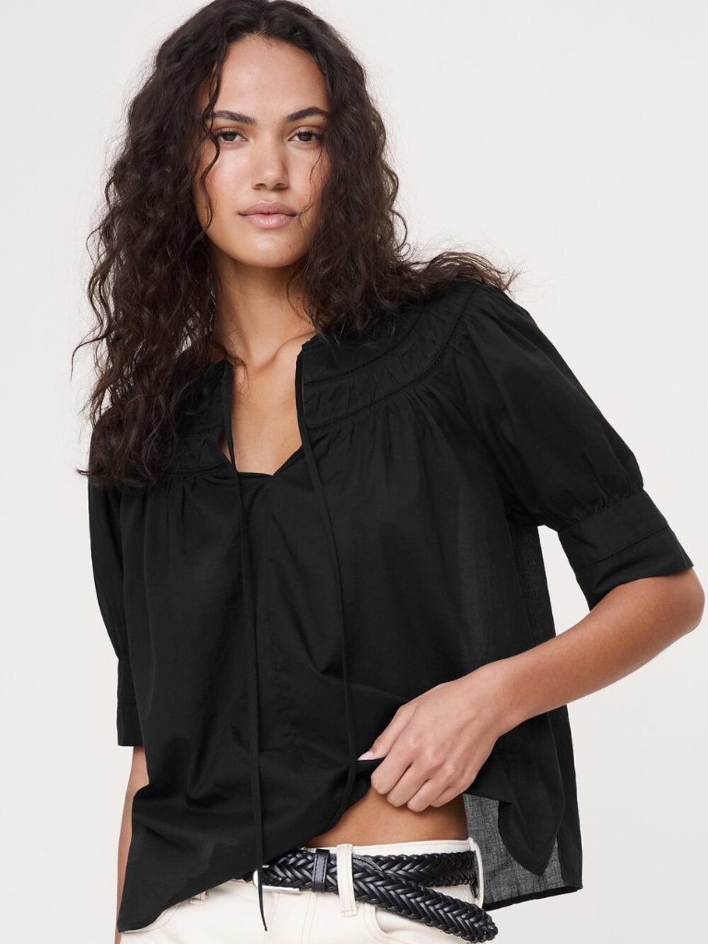 NEW Banana Republic Lightweight Cotton Inset Lace Top in Black